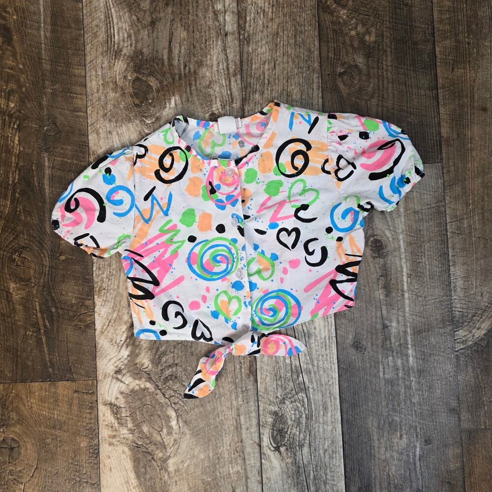 Vintage 90s Abstract Neon Tie Front Crop Top Kids Size 12 Puff Sleeve Shirt